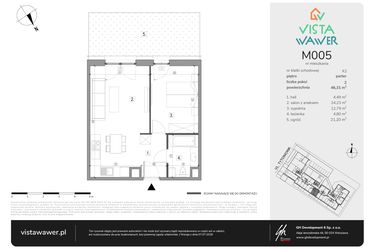 Rzut - Mieszkanie na sprzedaż 2 pokoje o powierzchni 46,31 m² - numer M005 w Vista Wawer