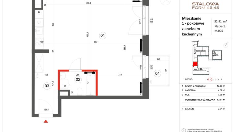 Rzut - Mieszkanie na sprzedaż 1 pokój o powierzchni 52,91 m² - numer 5 w Stalowa Form 43.45