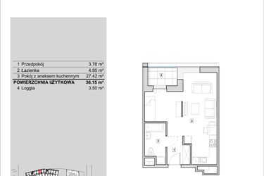 Rzut - Mieszkanie na sprzedaż 1 pokój o powierzchni 36,15 m² - numer H1-A-7-3 w Heyki City