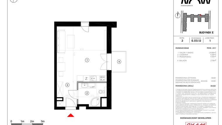 Rzut - Mieszkanie na sprzedaż 1 pokój o powierzchni 34,61 m² - numer E.03.12 w NOW