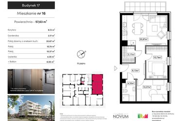 Rzut - Mieszkanie na sprzedaż 3 pokoje o powierzchni 57,63 m² - numer B17.M16 w Novum Rumia - bud. 17