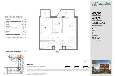 Rzut - Mieszkanie na sprzedaż 3 pokoje o powierzchni 52,9 m² - numer A/1/3 w Osiedle Mateckiego 4ALL