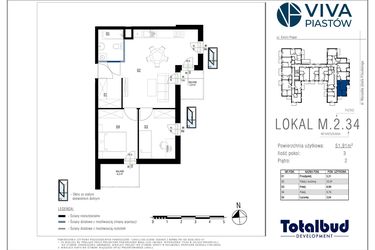 Rzut - Mieszkanie na sprzedaż 3 pokoje o powierzchni 51,91 m² - numer M.2.34 w Viva Piastów