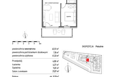 Rzut - Mieszkanie na sprzedaż 2 pokoje o powierzchni 42,51 m² - numer 1.2.2. w Dywizjonu 303