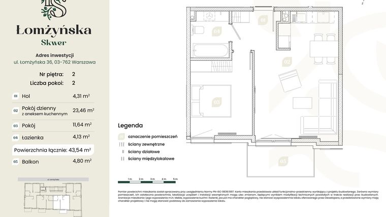 Rzut - Mieszkanie na sprzedaż 2 pokoje o powierzchni 43,54 m² - numer 7 w Łomżyńska Skwer