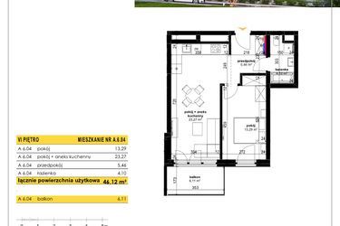 Rzut - Mieszkanie na sprzedaż 2 pokoje o powierzchni 46,15 m² - numer A 6.04 w Park Moniuszki II C