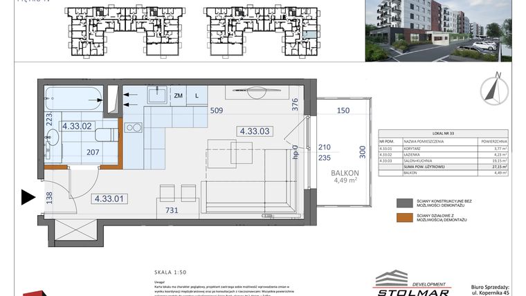 Rzut - Mieszkanie na sprzedaż 1 pokój o powierzchni 27,15 m² - numer 33 w Osiedle Zycha