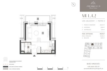 Rzut - Mieszkanie na sprzedaż 1 pokój o powierzchni 29,36 m² - numer L.4.2 w Zamoyskiego 31