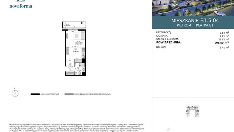 Rzut - Mieszkanie na sprzedaż 1 pokój o powierzchni 29,97 m² - numer B1.5.04 w Novaforma II