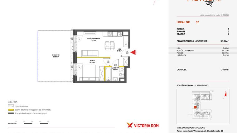 Rzut - Mieszkanie na sprzedaż 2 pokoje o powierzchni 36,94 m² - numer 52 w Metro Art 12