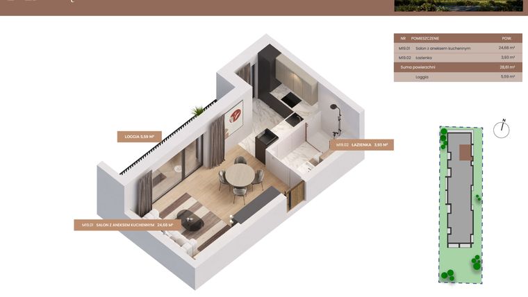 Rzut - Mieszkanie na sprzedaż 1 pokój o powierzchni 28,61 m² - numer 19 w Apartamenty Częstochowska