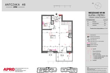 Rzut - Mieszkanie na sprzedaż 1 pokój o powierzchni 33,1 m² - numer 8 w Antczaka 46