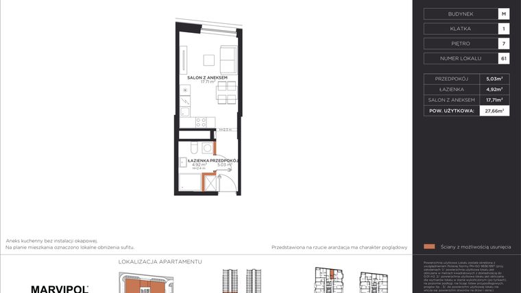 Rzut - Mieszkanie na sprzedaż 1 pokój o powierzchni 27,66 m² - numer M061 w Aleje 138