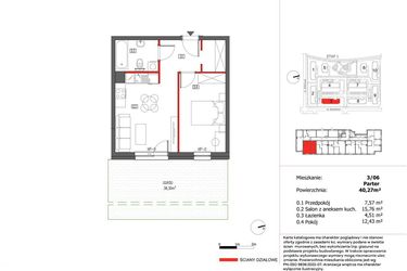 Rzut - Mieszkanie na sprzedaż 2 pokoje o powierzchni 40,27 m² - numer 3/6 w Słoneczny Zakątek