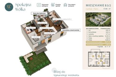 Rzut - Mieszkanie na sprzedaż 3 pokoje o powierzchni 57,66 m² - numer B3/2 w Spokojna Wólka etap IV