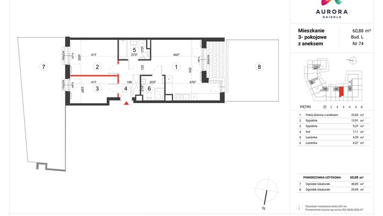 Rzut - Mieszkanie na sprzedaż 3 pokoje o powierzchni 60,88 m² - numer L-74 w Osiedle Aurora - bud. L