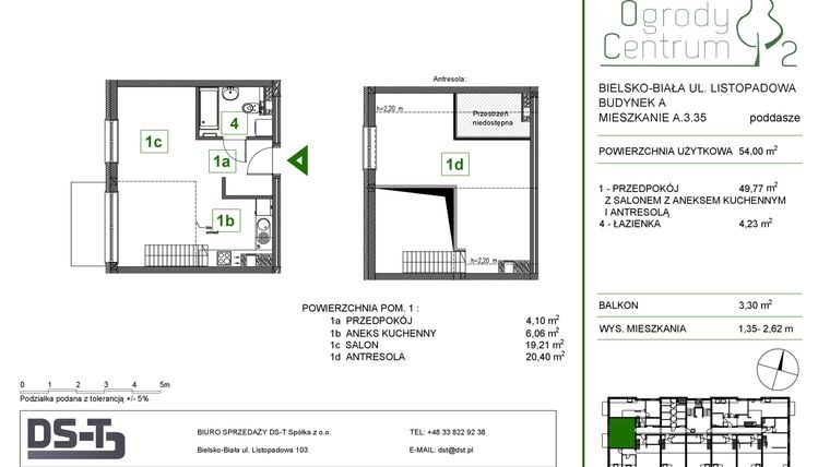 Rzut - Mieszkanie na sprzedaż 1 pokój o powierzchni 54 m² - numer A.3.35 w Ogrody Centrum 2