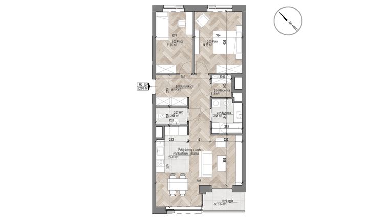 Rzut - Mieszkanie na sprzedaż 3 pokoje o powierzchni 72,91 m² - numer 2 w Apartamenty Czysta