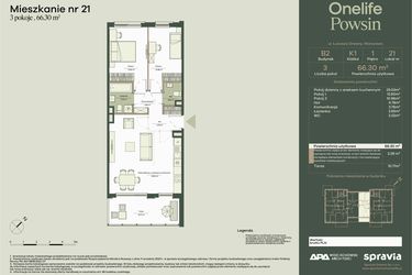 Rzut - Mieszkanie na sprzedaż 3 pokoje o powierzchni 66,3 m² - numer B2/21 w Onelife Powsin