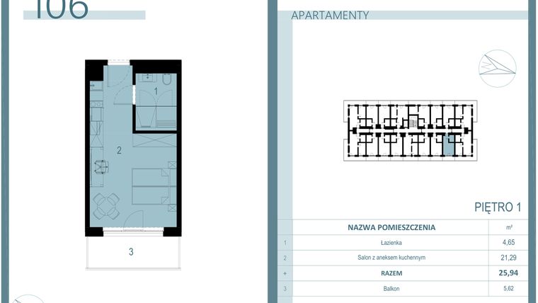 Rzut - Mieszkanie na sprzedaż 1 pokój o powierzchni 25,94 m² - numer 106 w Linea Mare Mrzeżyno