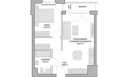 Rzut - Mieszkanie na sprzedaż 2 pokoje o powierzchni 43,94 m² - numer WO/P3/14 w Wiszące Ogrody