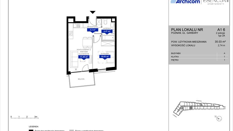 Rzut - Mieszkanie na sprzedaż 2 pokoje o powierzchni 35,03 m² - numer A1.6 w Apartamenty Esencja II