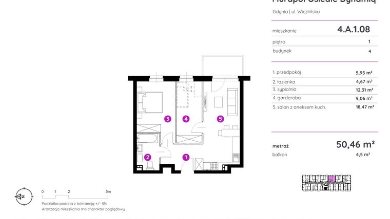 Rzut - Mieszkanie na sprzedaż 2 pokoje o powierzchni 50,46 m² - numer 4.A.1.08 w Murapol Osiedle Dynamiq