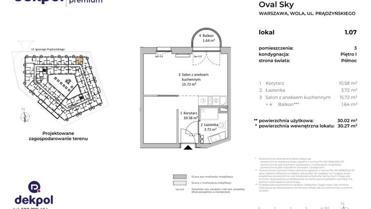 Rzut - Mieszkanie na sprzedaż 1 pokój o powierzchni 30,02 m² - numer 1.07 w OVAL SKY