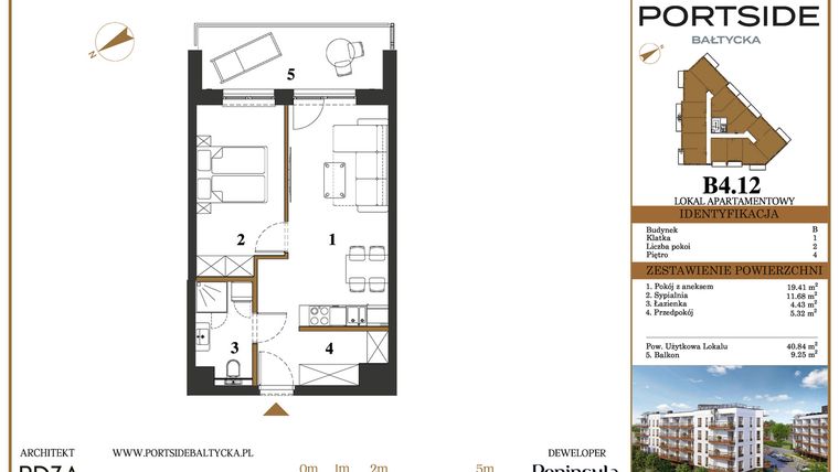 Rzut - Mieszkanie na sprzedaż 2 pokoje o powierzchni 40,84 m² - numer B4.12 w Portside Bałtycka