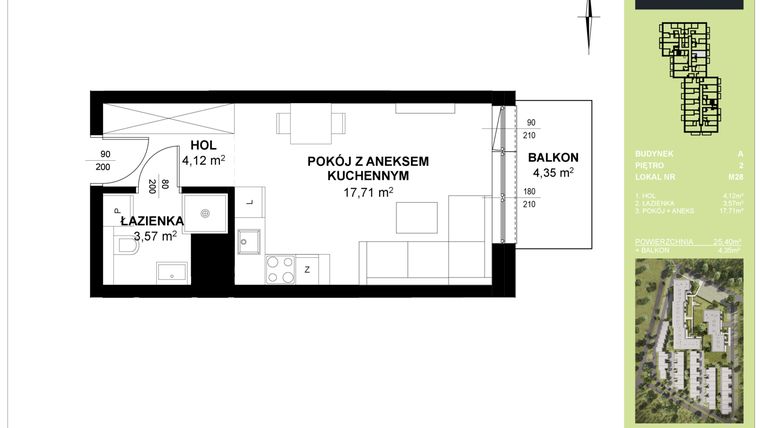 Rzut - Mieszkanie na sprzedaż 1 pokój o powierzchni 25,4 m² - numer A_M28 w Triton Kampinos III