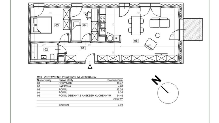 Rzut - Mieszkanie na sprzedaż 3 pokoje o powierzchni 70,09 m² - numer I.M13 w Osiedle Glivia Zachodnia