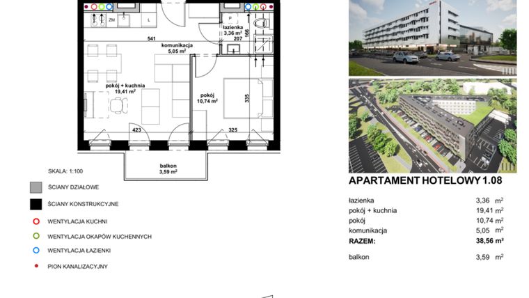 Rzut - Mieszkanie na sprzedaż 2 pokoje o powierzchni 38,4 m² - numer 1.08 w Apartamentowiec Zwycięska 3 - inwestycyjne