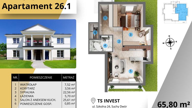 Rzut - Mieszkanie na sprzedaż 2 pokoje o powierzchni 65,18 m² - numer 26.1. w Ogrody Tesoro VI