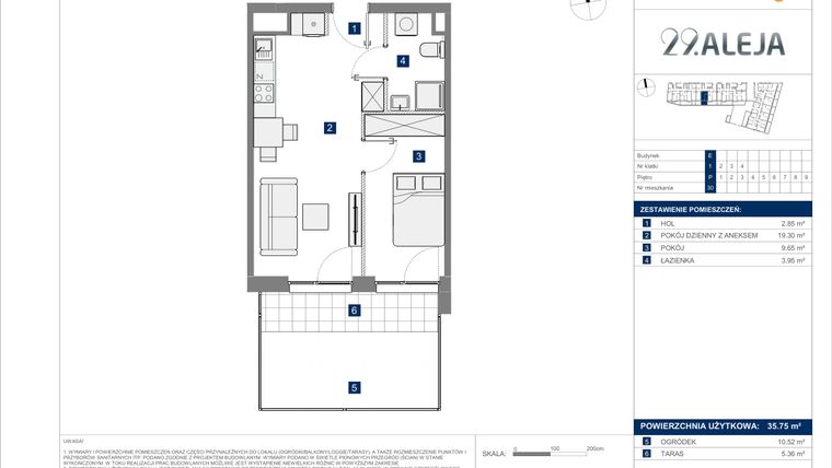 Rzut - Mieszkanie na sprzedaż 2 pokoje o powierzchni 46,72 m² - numer E.29 w 29. Aleja etap 2