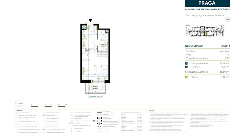 Rzut - Mieszkanie na sprzedaż 1 pokój o powierzchni 28,89 m² - numer AA0514 w Neo Praga