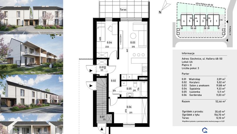 Rzut - Mieszkanie na sprzedaż 3 pokoje o powierzchni 52,46 m² - numer 6a w Przystań Siechnice