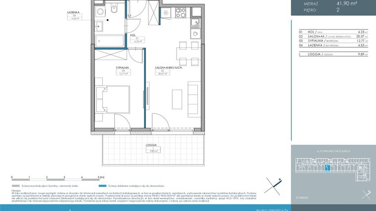 Rzut - Mieszkanie na sprzedaż 2 pokoje o powierzchni 41,9 m² - numer 1.2.2.02 w Nordic Powstańców Śląskich