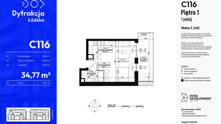 Rzut - Mieszkanie na sprzedaż 1 pokój o powierzchni 34,77 m² - numer C116 w Dyfrakcja Łódzka - bud. CD