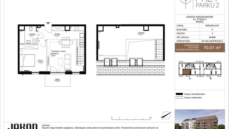 Rzut - Mieszkanie na sprzedaż 2 pokoje o powierzchni 70,01 m² - numer A.A15 w Przy Parku 2