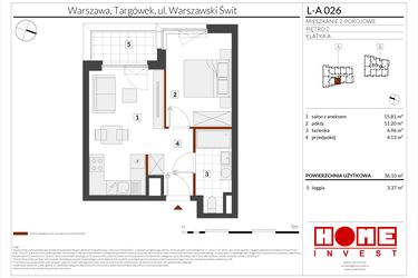 Rzut - Mieszkanie na sprzedaż 2 pokoje o powierzchni 36,1 m² - numer WS-L-A026 w Warszawski Świt etap XII