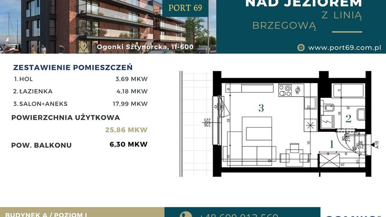 Rzut - Mieszkanie na sprzedaż 1 pokój o powierzchni 25,86 m² - numer A-15 w Port 69