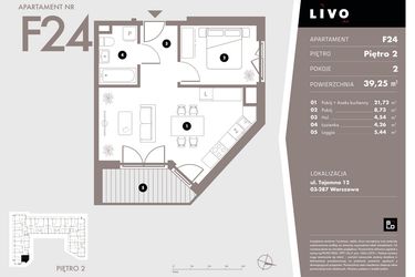 Rzut - Mieszkanie na sprzedaż 2 pokoje o powierzchni 39,25 m² - numer F24 w Livo