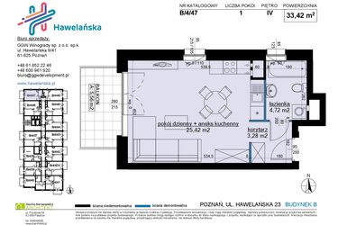 Rzut - Mieszkanie na sprzedaż 1 pokój o powierzchni 33,42 m² - numer B/4/47 w Osiedle Hawelańska etap III - bud. B