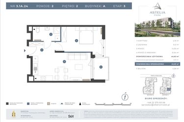 Rzut - Mieszkanie na sprzedaż 2 pokoje o powierzchni 44,62 m² - numer 3.1A.24 w Astelia Park etap 1A i 3