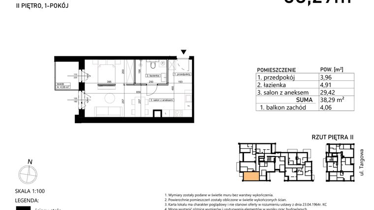 Rzut - Mieszkanie na sprzedaż 1 pokój o powierzchni 38,29 m² - numer M40 w Finezja
