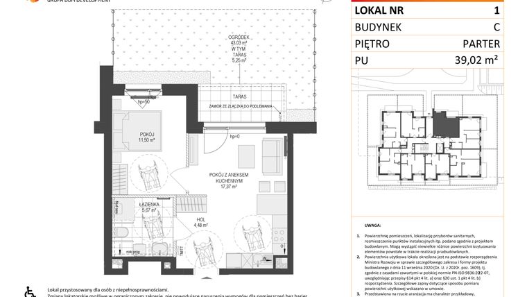 Rzut - Mieszkanie na sprzedaż 2 pokoje o powierzchni 39,02 m² - numer C.1 w Osiedle Warszawska etap II