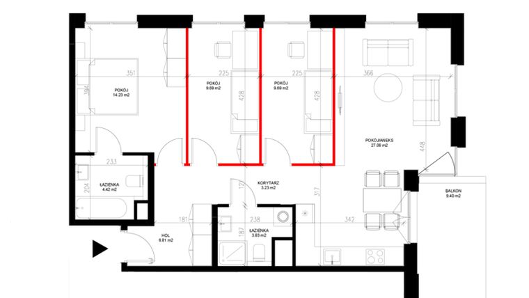 Rzut - Mieszkanie na sprzedaż 4 pokoje o powierzchni 78,96 m² - numer E.7.6 w INSPIRE ETAP IV – bud. E