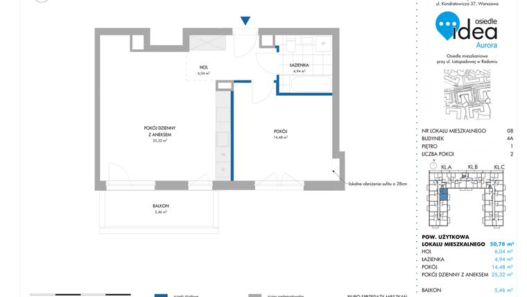 Rzut - Mieszkanie na sprzedaż 2 pokoje o powierzchni 50,78 m² - numer 8.4A w Osiedle Idea Aurora