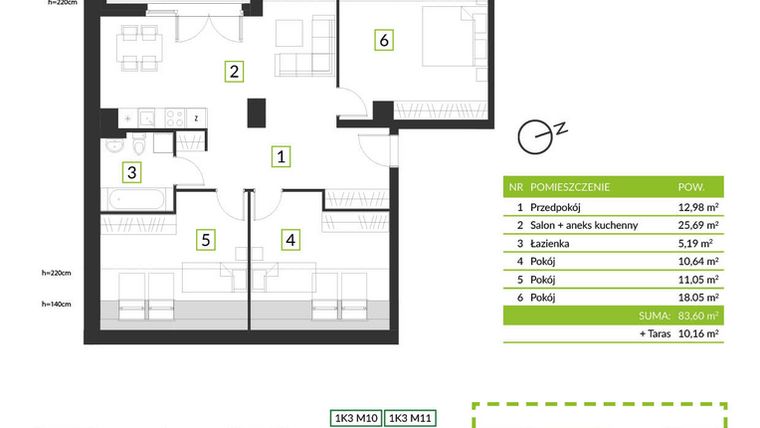 Rzut - Mieszkanie na sprzedaż 4 pokoje o powierzchni 83,6 m² - numer 1K4 M11 w Osiedle Krzeptów przy lesie