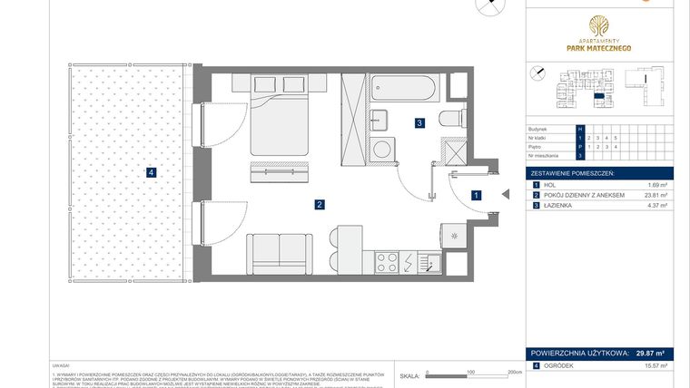 Rzut - Mieszkanie na sprzedaż 1 pokój o powierzchni 29,87 m² - numer H3 w Apartamenty Park Matecznego Etap 2.2